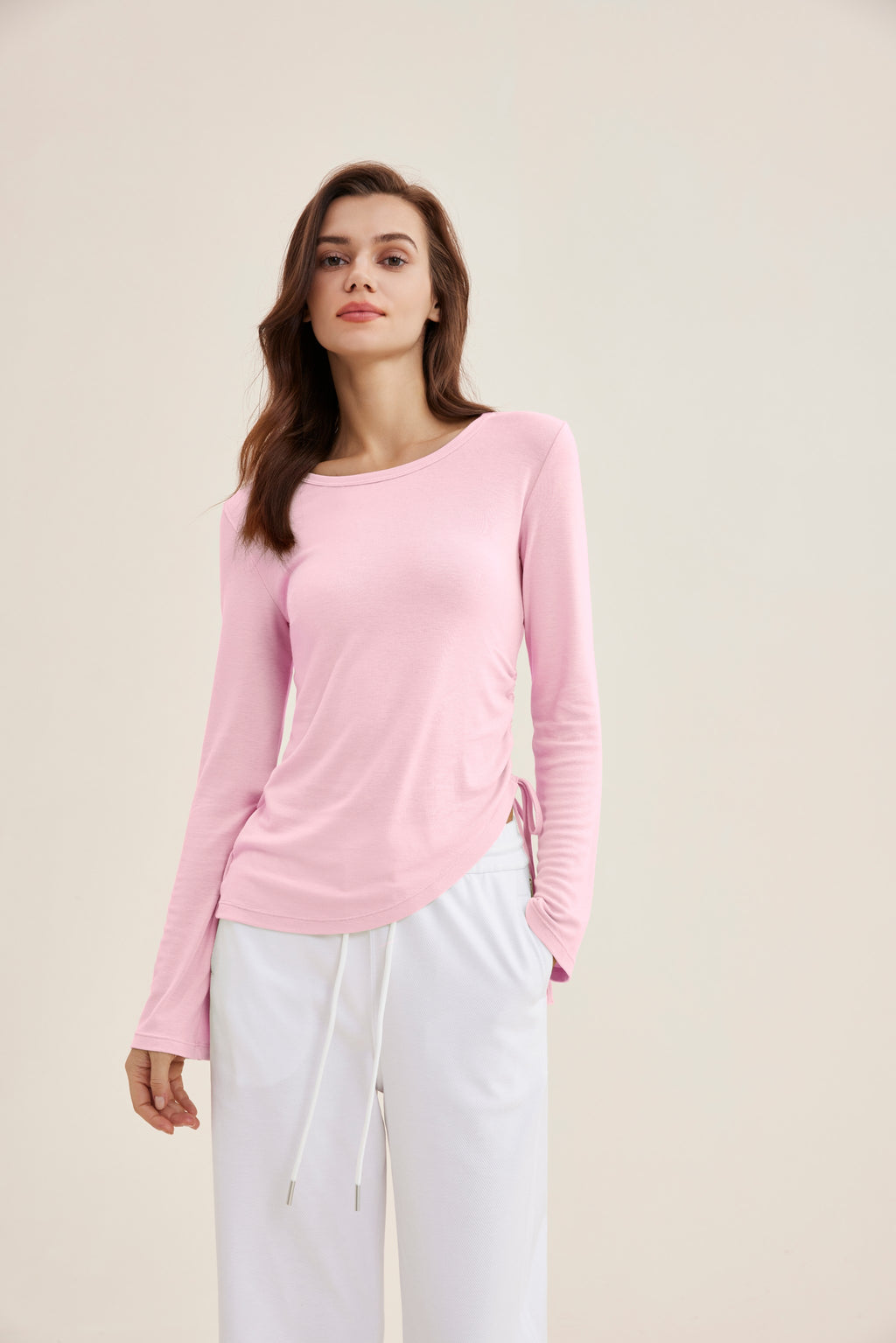 Camiseta mujer manga larga cintura ajustable rosa frontal - Fieder