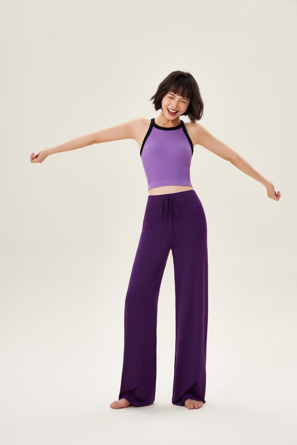 Top deportivo mujer cuello halter canalé púrpura outfit - Fieder