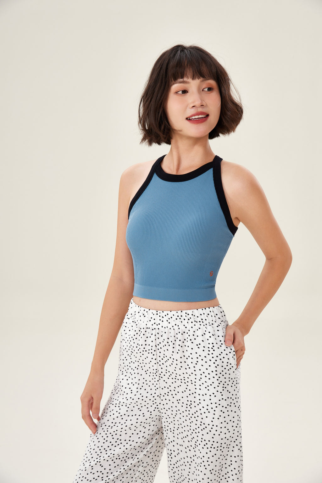 Top deportivo mujer cuello halter canalé azul - Fieder