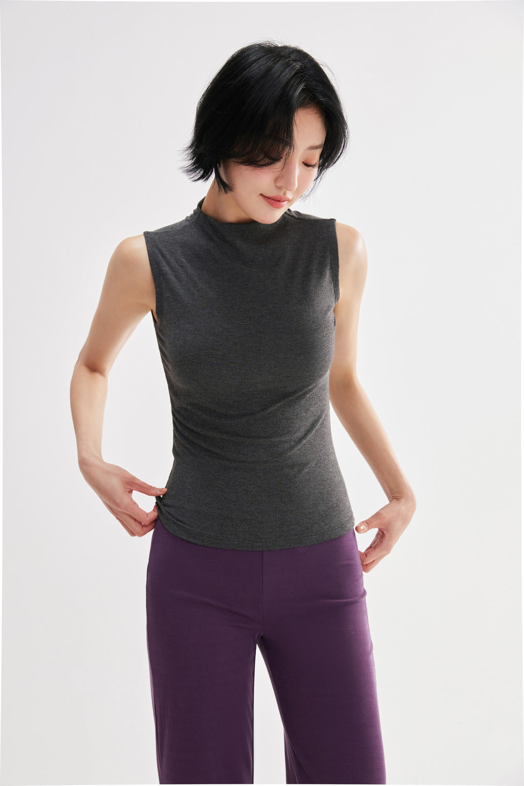 Top mujer cuello alto sin mangas gris - Fieder