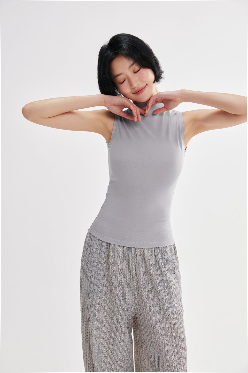 Top mujer cuello alto sin mangas gris espalda - Fieder