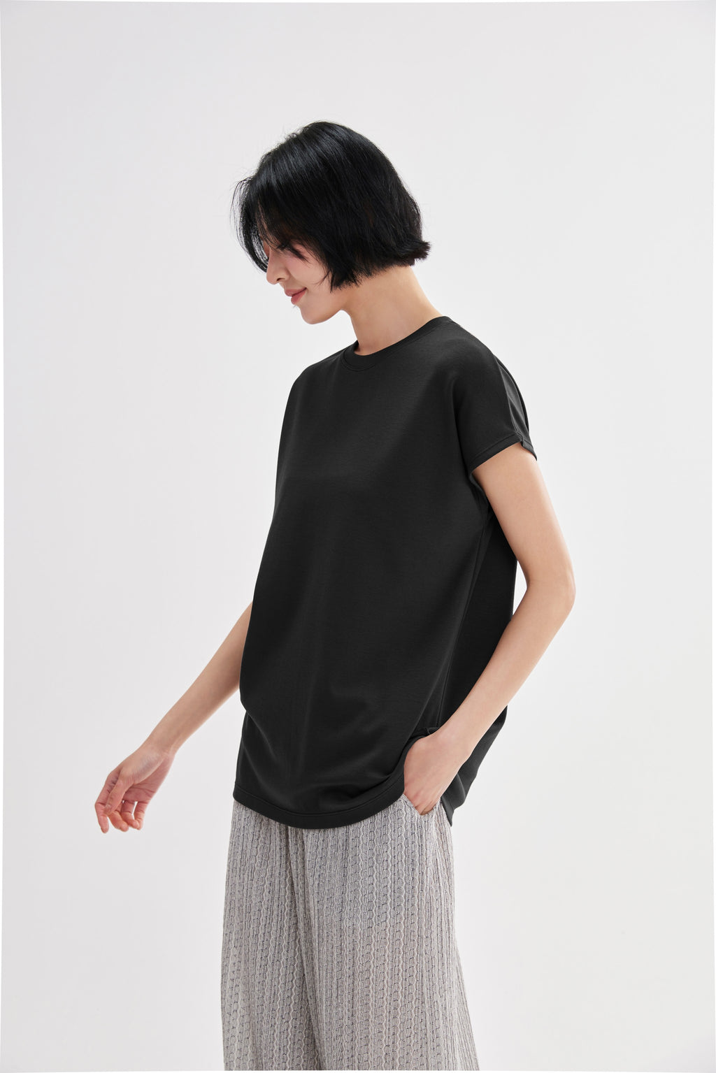 Camiseta corte recto relajado algodón caída suave Fieder - Negro vista lateral