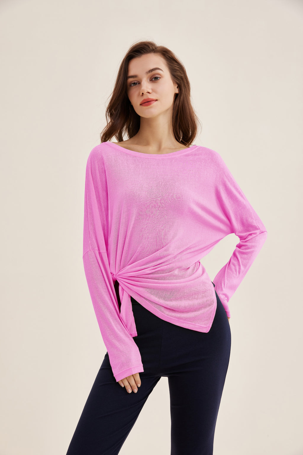 Camiseta mujer manga larga cintura ajustable rosa lateral - Fieder