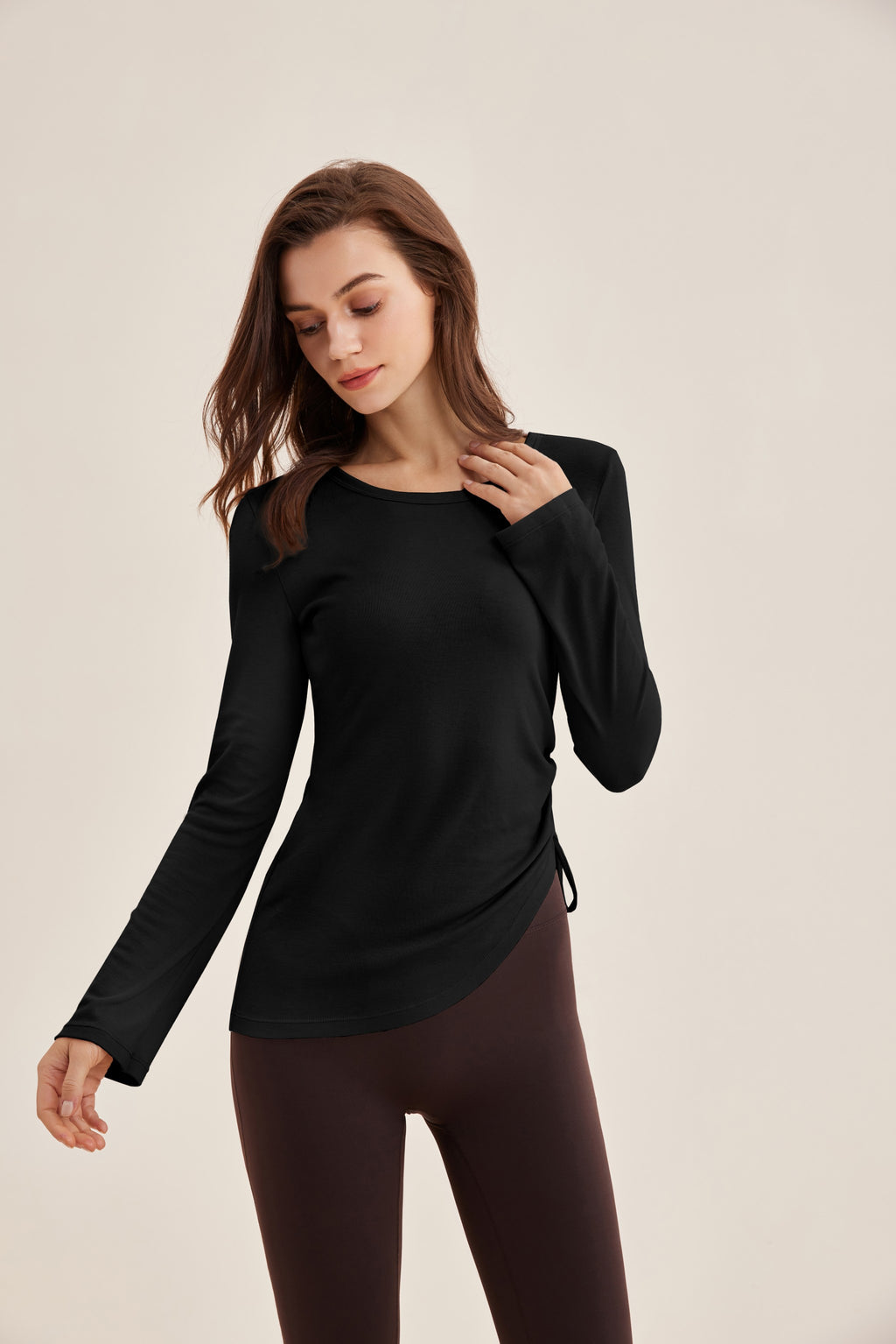 Camiseta mujer manga larga cintura ajustable negra lateral - Fieder