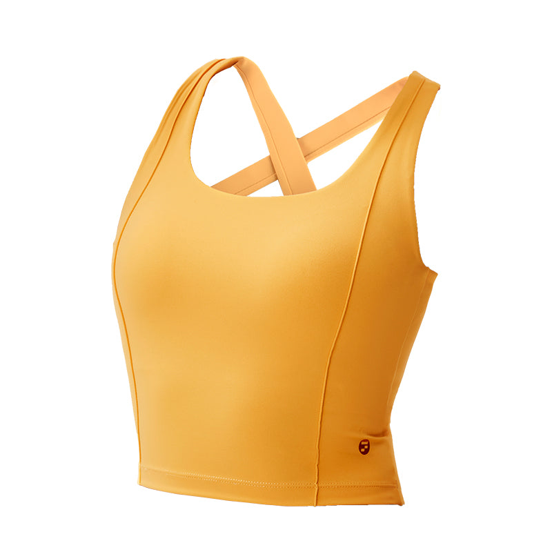Top deportivo mujer espalda cruzada dorado plano - Fieder