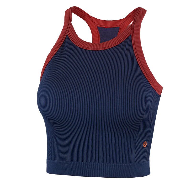 Top deportivo mujer cuello halter canalé azul marino plano - Fieder